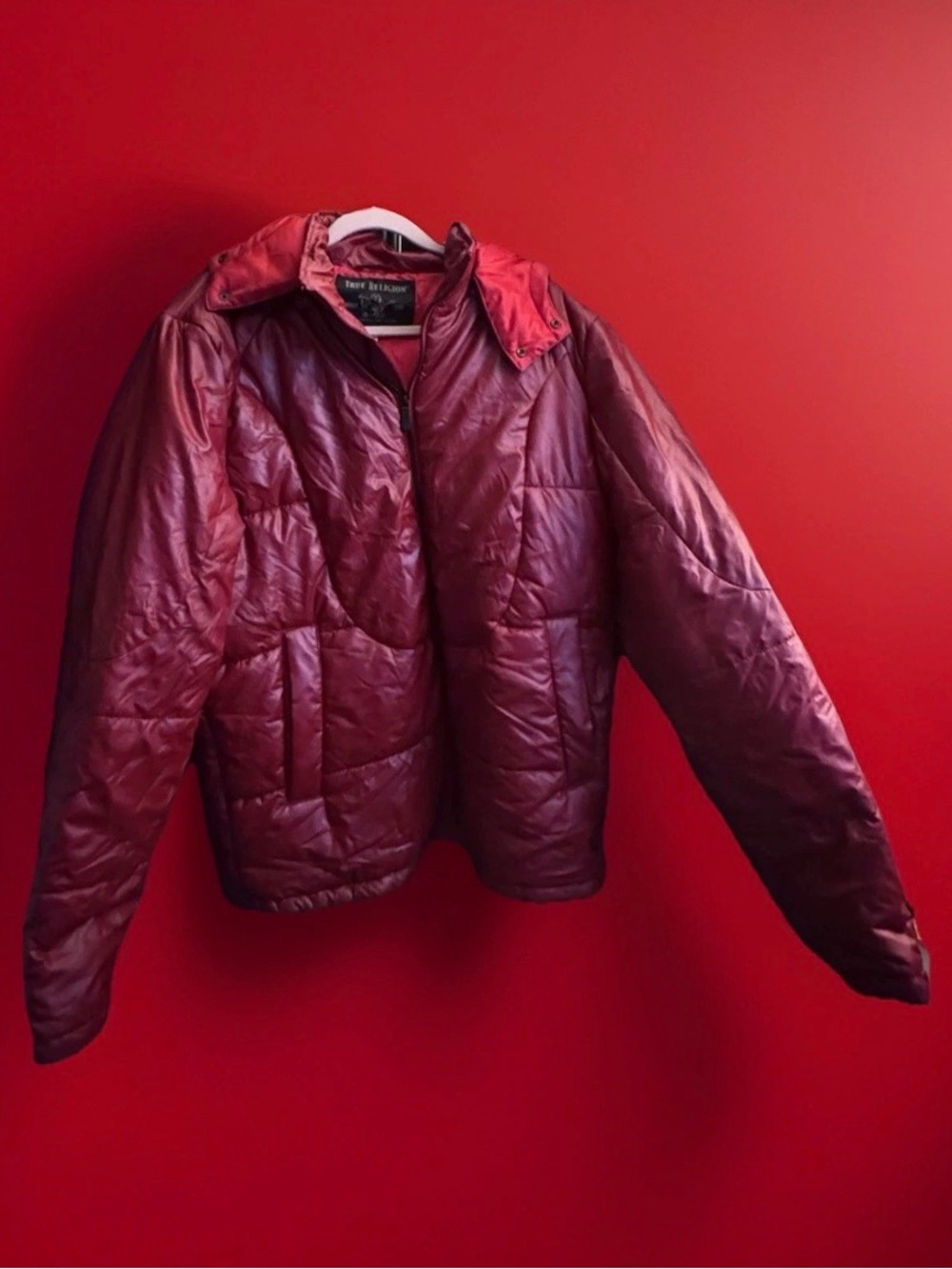 True Religion Light Puffer zip up Jacket Mens Large Red Quilted y2k